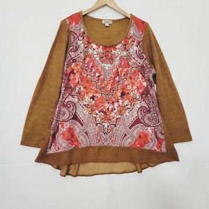 One World Women’s Size 2X Tunic Pullover Waffle Bling‎ Long Sleeves Sheer Layer